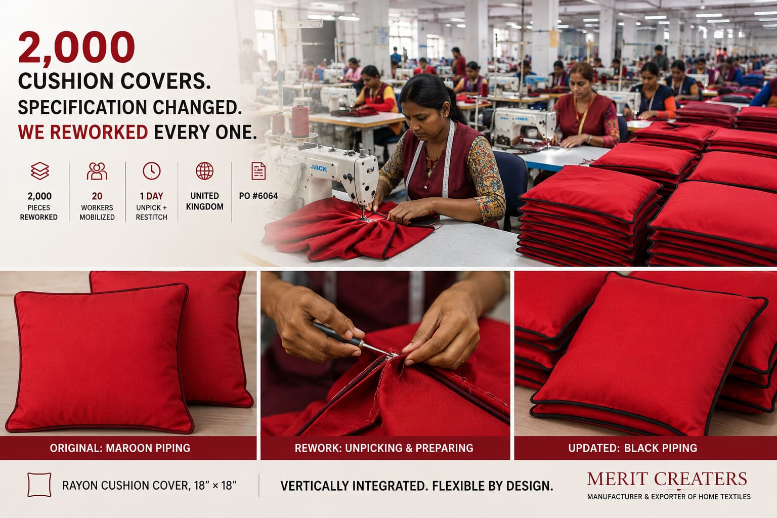 2,000 Rayon Cushion Covers Reworked in Two Days